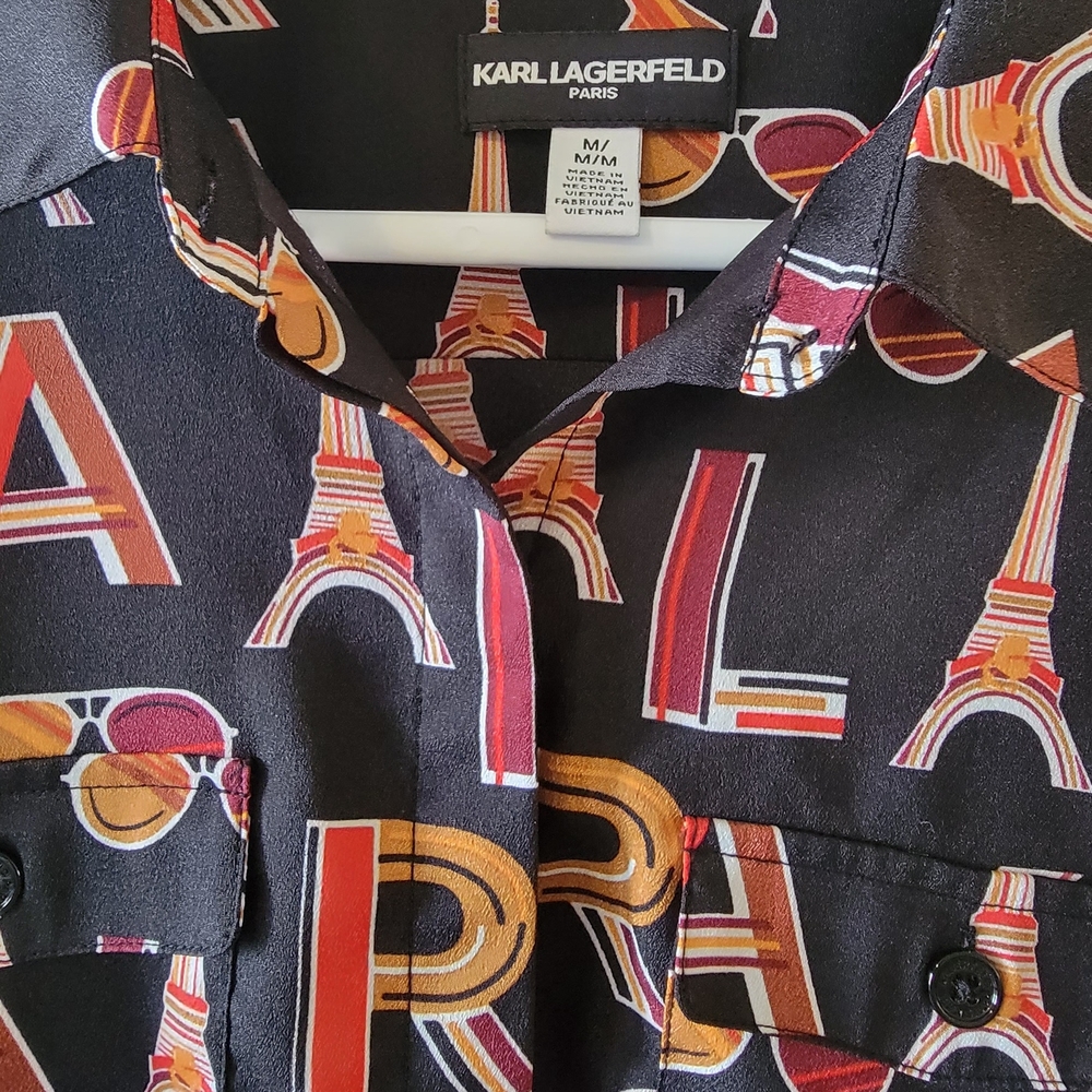 Karl Woman's Lagerfeld Black Button-Front Shirt with Red and Gold Graphic Motif